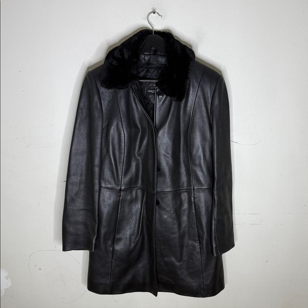Valerie Stevens Black Leather Faux Fur Collar Button Front Jacket Size Small